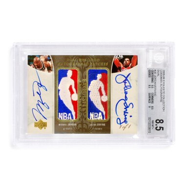 View full screen - View 1 of Lot 14. 2005-06 Upper Deck Exquisite Collection Dual Logoman Autographs #DLA-JE Michael Jordan and Julius Erving - BGS 8.5/Autograph 10 | 1 of 1 | On-Card Autographs | Sporting News Jordan Cover.