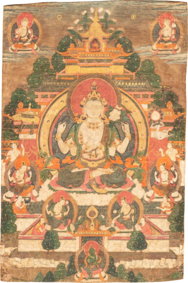 View full screen - View 1 of Lot 195. A thangka depicting Sadaksari, Tibet, 18th century | 十八世紀 藏傳四臂觀世音菩薩唐卡 設色布本.