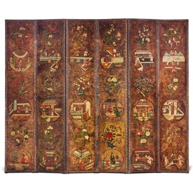 View full screen - View 1 of Lot 77. A Dutch Painted Leather Six-Fold Screen, the Leather Panels 18th Century.