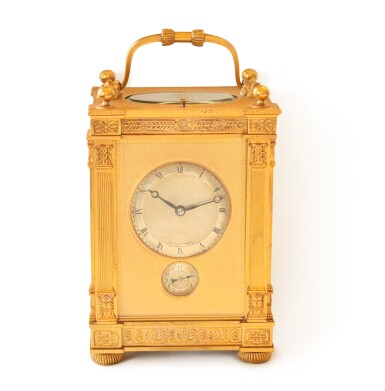 View full screen - View 1 of Lot 2. No. 4281 Gilt brass minute repeating carriage clock with grande and petite sonnerie and alarm Circa 1925.