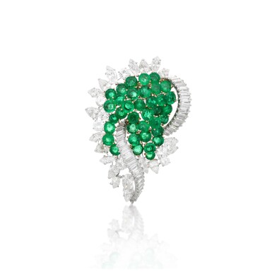 View full screen - View 1 of Lot 225. Emerald and diamond brooch, 1960s.