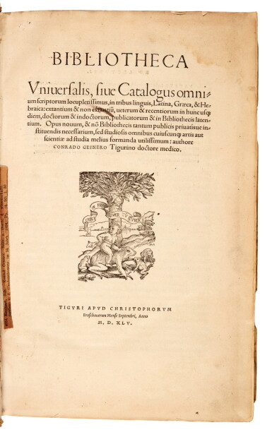 View full screen - View 1 of Lot 1106. Gesner, Bibliotheca universalis, Zurich, 1545, Augsburg pigskin binding.