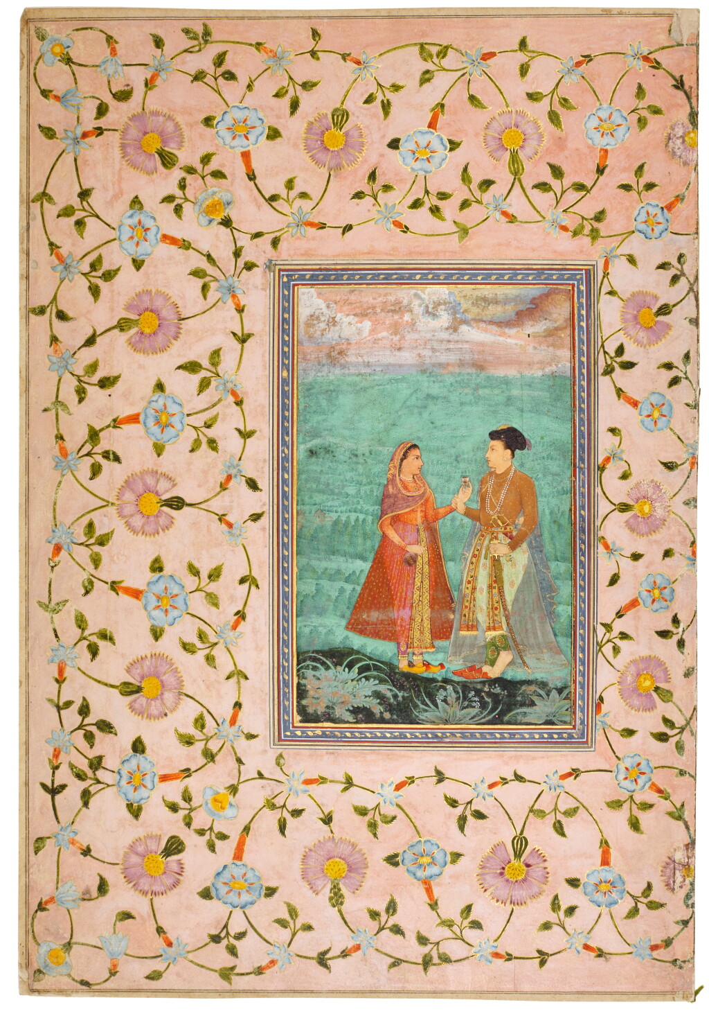 View full screen - View 1 of Lot 190. A royal couple drinking wine in a landscape, attributable to an artist who worked for Prince Dara Shikoh, India, Mughal, circa 1635.