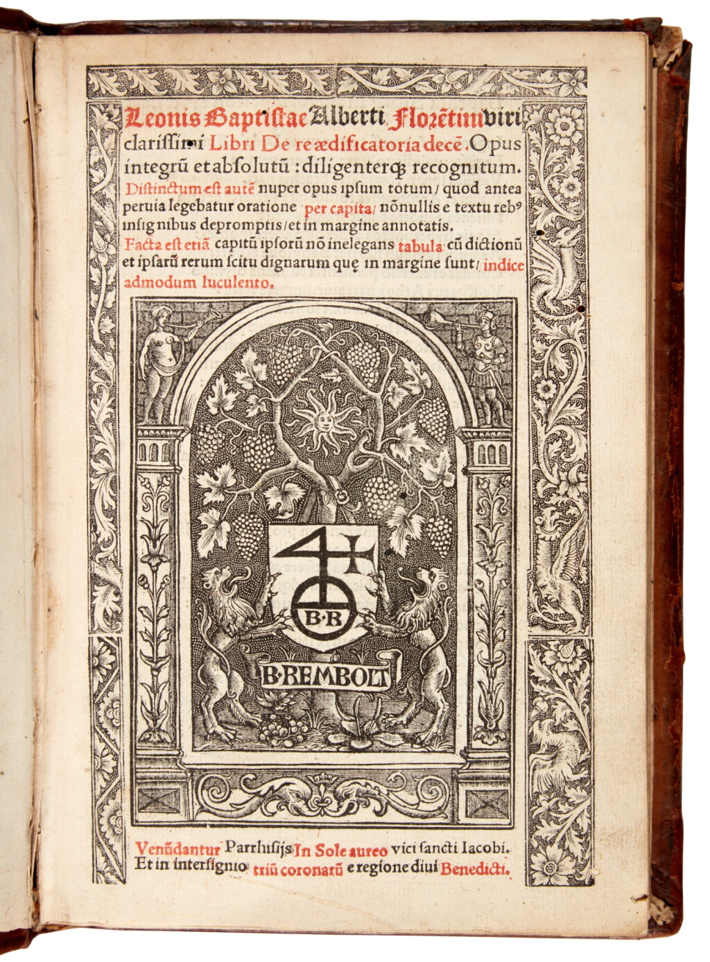 View full screen - View 1 of Lot 424. Alberti, Libri de re aedificatoria decem, Paris, 1512, contemporary tooled calf, Nordkirchen copy.