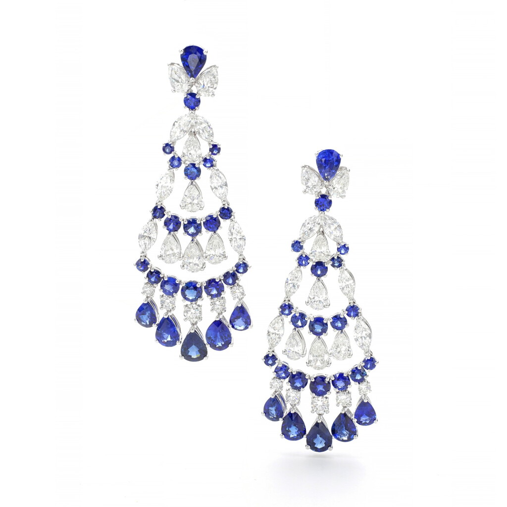 View full screen - View 1 of Lot 19. GRAFF | PAIR OF SAPPHIRE AND DIAMOND PENDENT EARRINGS.
