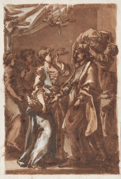 View full screen - View 1 of Lot 762. A young woman holding a basket accosted by a man.