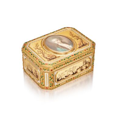 View full screen - View 1 of Lot 54. A Gold, Enamel Snuff Box, Nineteenth Century, with An Earlier Ivory Portrait Miniature.