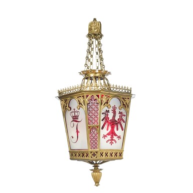 View full screen - View 1 of Lot 1106. A George IV Gilt Brass, Ruby and Opaque Glass Hall Lantern after a design by George Bullock, Circa 1820-25, the glass panels German and possibly after designs by Karl Friedrich Schinkel.
