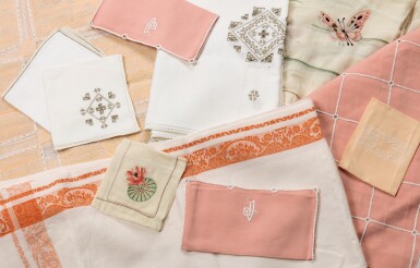 View full screen - View 1 of Lot 134. Lot comprising five cotton tablecloths and an organdi tablecloth and napkins.