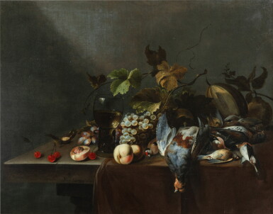 View full screen - View 1 of Lot 46. Still life with a dead bird and fruits | Nature morte à l’oiseau mort et aux fruits.