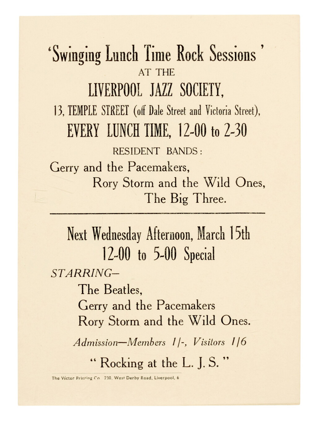 View full screen - View 1 of Lot 4. THE BEATLES | 'Swinging Lunch Time Rock Sessions', handbill, 15 March 1961.