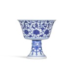 A blue and white 'lança' stem cup, Seal mark and period of Jiaqing | 清嘉慶 青花纏枝蓮梵文高足盃 《大清嘉慶年製》款