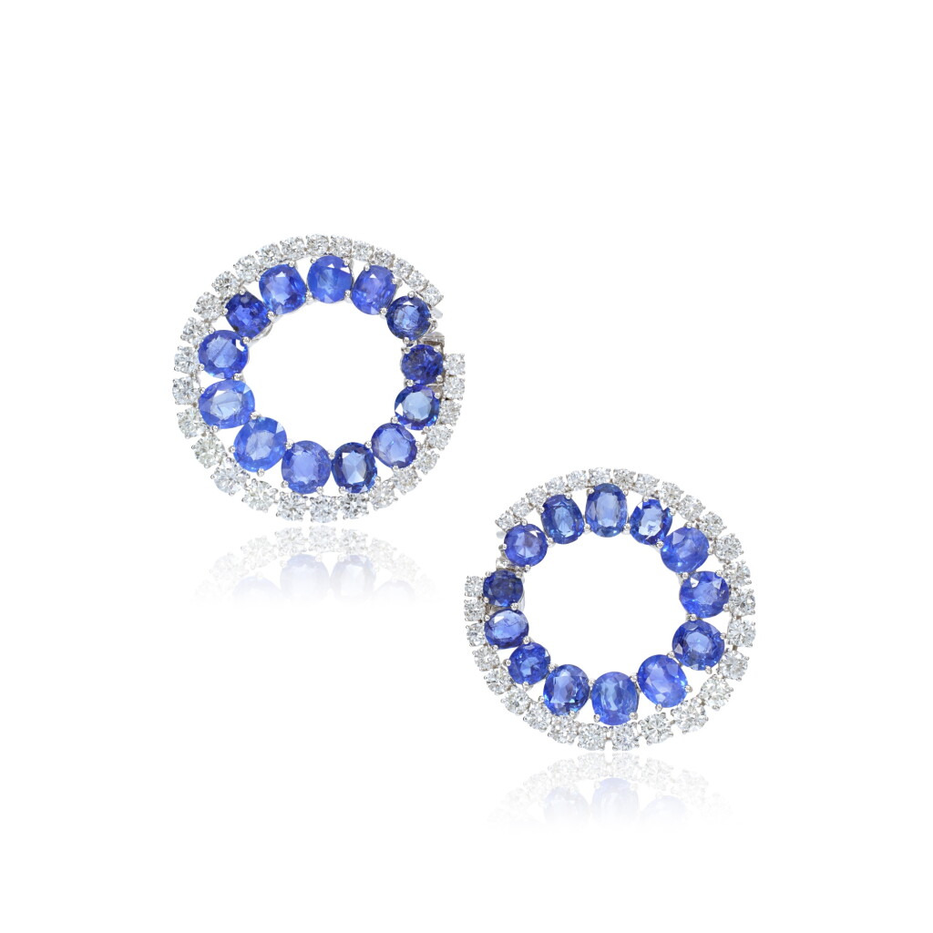 View full screen - View 1 of Lot 822. Pair of sapphire and diamond earrings.