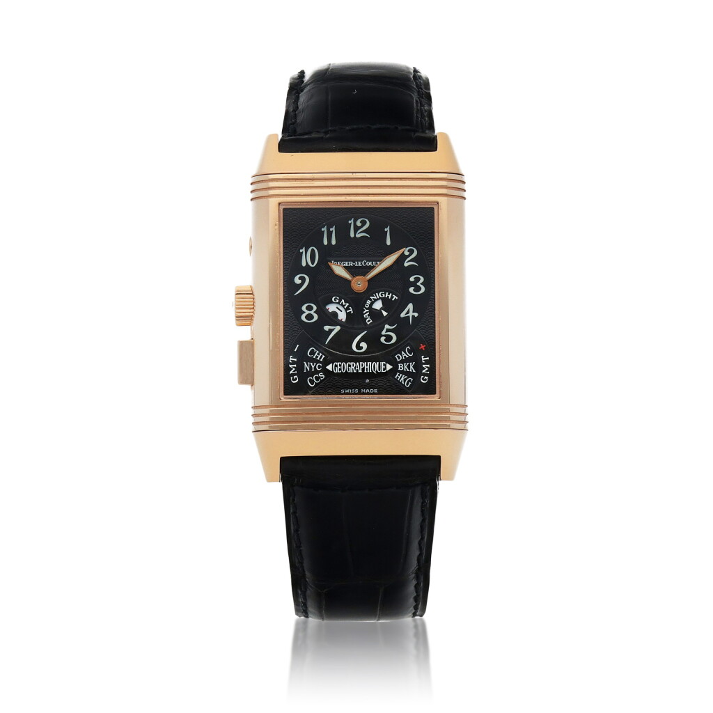 View full screen - View 1 of Lot 443. Reverso Geographique, ref. 270.258 Pink gold reversible world time wristwatch with day & night indiciation Circa 2000 | 積家 270.258型號「Reverso Geographique」粉紅金世界時間腕錶備晝夜顯示,錶殼可翻轉,年份約2000.