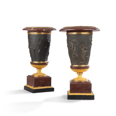 View full screen - View 1 of Lot 62. A pair of Louis XVI patinated and gilt-bronze and griotte marble vases, circa 1790, attributed to François Rémond, the frieze attributed to Louis-Simon Boizot (1743-1809) | Paire de vases en bronze patiné et doré et marbre griotte d'époque Louis XVI, vers 1790, attribuée à François Rémond, la frise attribuée à Louis-Simon Boizot (1743-1809).