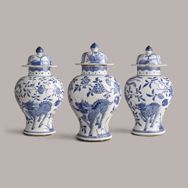 View full screen - View 1 of Lot 308. Three blue and white baluster vases and covers Qing Dynasty, Kangxi Period | 清康熙 青花瑞獸圖大蓋罐一組三件.