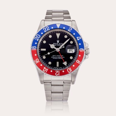 View full screen - View 1 of Lot 339. Reference 16750 GMT-Master 'Pepsi' | A stainless steel automatic dual time zone wristwatch with date and bracelet, Circa 1985.
