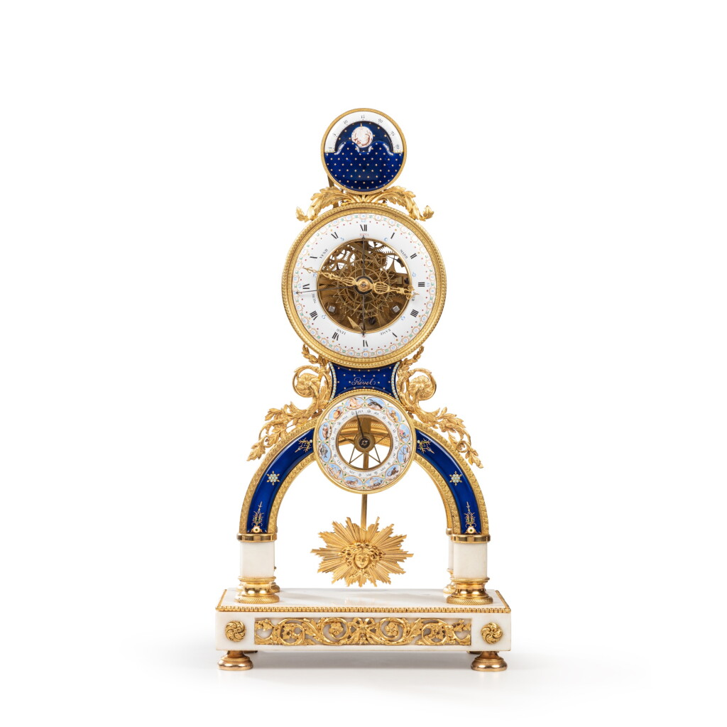 View full screen - View 1 of Lot 1042. A Directoire gilt-bronze mounted marble and polychrome enameled skeleton calendar mantel clock, signed Rével, circa 1795.