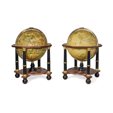 View full screen - View 1 of Lot 118. A Pair of Celestial and Terrestrial 42 1/2 Inches Large Library Globes after Vincenzo Coronelli, by Greaves and Thomas, 20th Century .