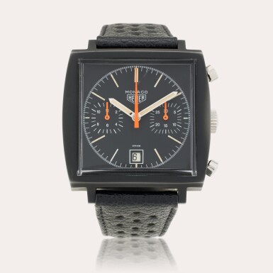 View full screen - View 1 of Lot 124. Reference 74033N Monaco 'Dark Lord' | A black-coated stainless steel chronograph wristwatch with date, Circa 1977.