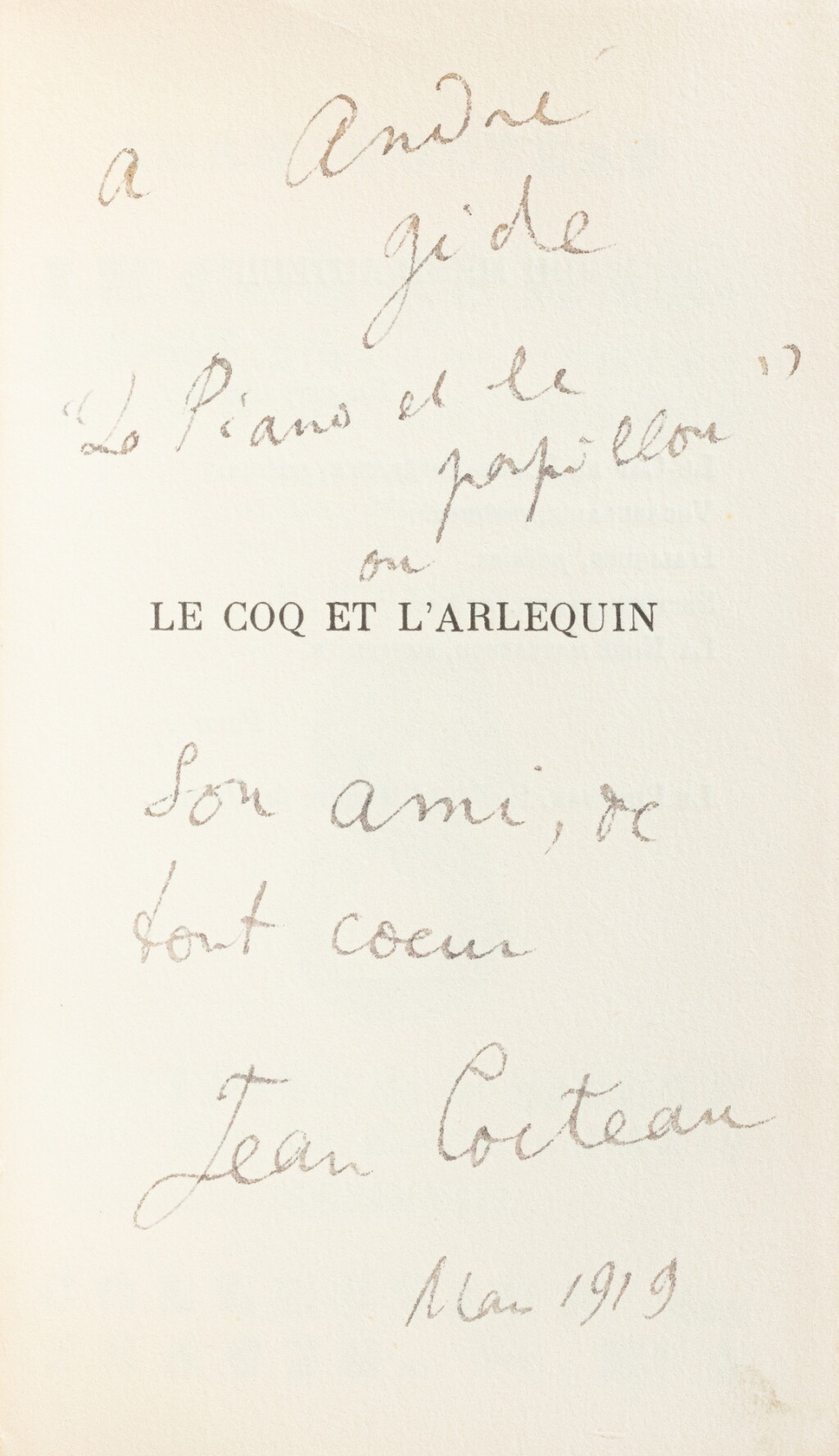 View full screen - View 1 of Lot 164. Le Coq et l'Arlequin. Paris, La Sirène, 1918. Exemplaire d'André Gide. Avec envoi et une lettre autographe signée.