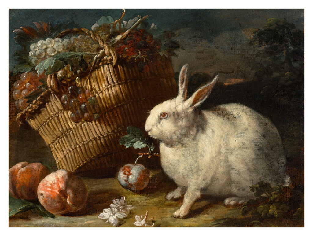 View full screen - View 1 of Lot 126. Still Life of a White Rabbit, Grapes in a Woven Basket, Plums, Peaches, and Scattered Flowers.