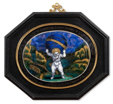 View full screen - View 1 of Lot 145. A Limoges painted enamel oval plaque depicting Cupid carrying the world, after a model by Otto van Veen (1556-1629), Early 17th century.