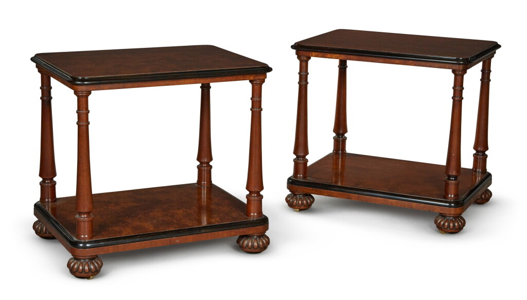 View full screen - View 1 of Lot 14. A PAIR OF 'FIDDLE BACK' MAHOGANY AND EBONISED TWO-TIER WHATNOTS MADE BY HOWE, MODERN, IN THE MANNER OF GILLOWS.