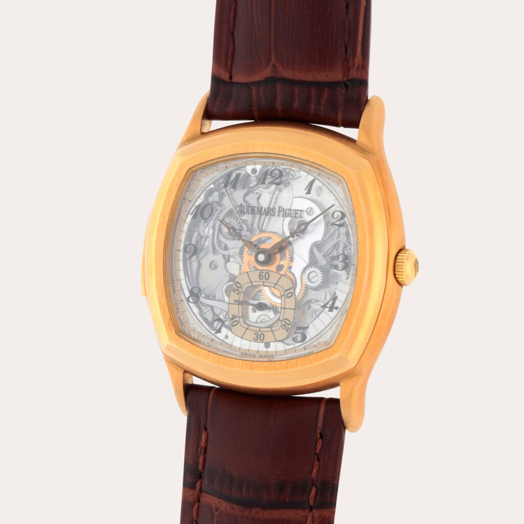 View full screen - View 1 of Lot 20. Répétition Minute John Schaeffer, Reference 25761BA | A yellow gold skeletonized minute repeating wristwatch | Circa 1995.