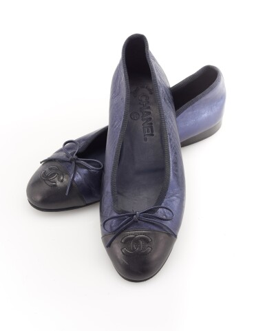 View full screen - View 1 of Lot 87. Pair of blue and black metallic leather flats.