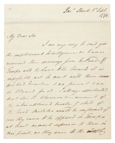 View full screen - View 1 of Lot 76. William Huskisson, minister of War | Autograph letter signed, on the French invasion of Ireland, 1798.