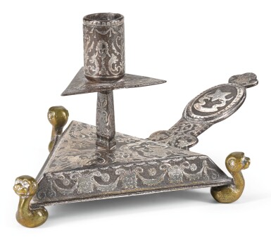 View full screen - View 1 of Lot 97. A SILVER-INLAID IRON CHAMBERSTICK, EARLY 17TH CENTURY.