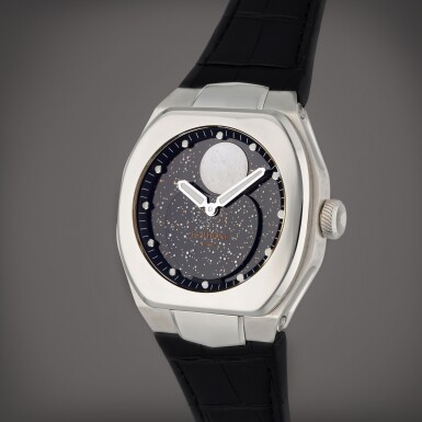 View full screen - View 1 of Lot 46. MOÖN | A stainless steel automatic wristwatch with moon phases, Circa 2019.