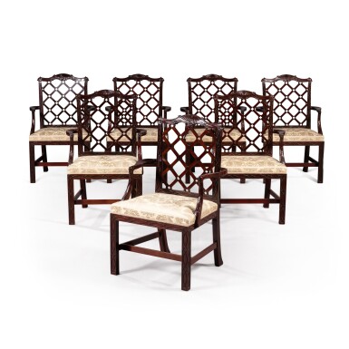 View full screen - View 1 of Lot 88. A set of fourteen George III style mahogany dining armchairs in the Chippendale manner, circa 1950 | Suite de quatorze fauteuils de salle à manger en acajou de style George III dans le goût de Chippendale, vers 1950.