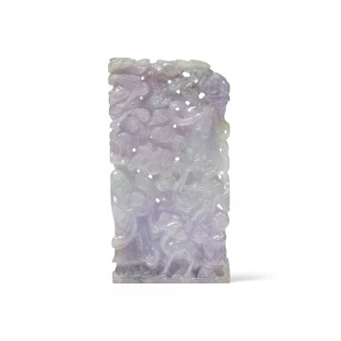 View full screen - View 1 of Lot 663. A small carved lavender jadeite 'immortals' plaque, 20th century | 二十世紀 翡翠雕仙人圖牌.