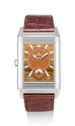 JAEGER-LECOULTRE | REVERSO DUOFACE TRAVEL TIME, REFERENCE 215.8.D4 A LIMITED EDITION STAINLESS STEEL REVERSIBLE DUAL TIME ZONE WRISTWATCH WITH 24 HOURS INDICATION AND TIGER'S EYE DIAL, CIRCA 2017