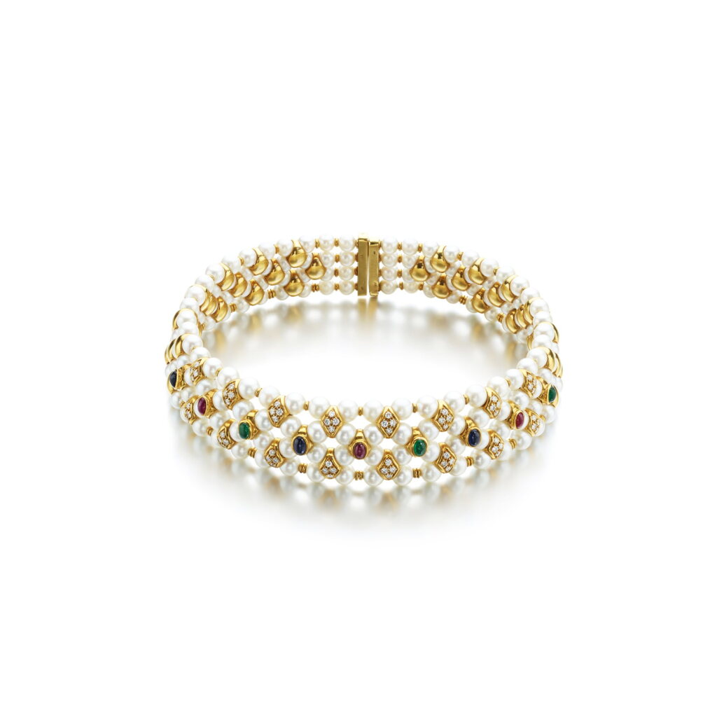 View full screen - View 1 of Lot 854. Cultured pearl, gem set and diamond choker.