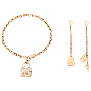 View full screen - View 1 of Lot 170. Set of Two Rose Gold Kelly Clochette Earrings and Rose Gold and Diamond Amulettes Constance Bracelet .