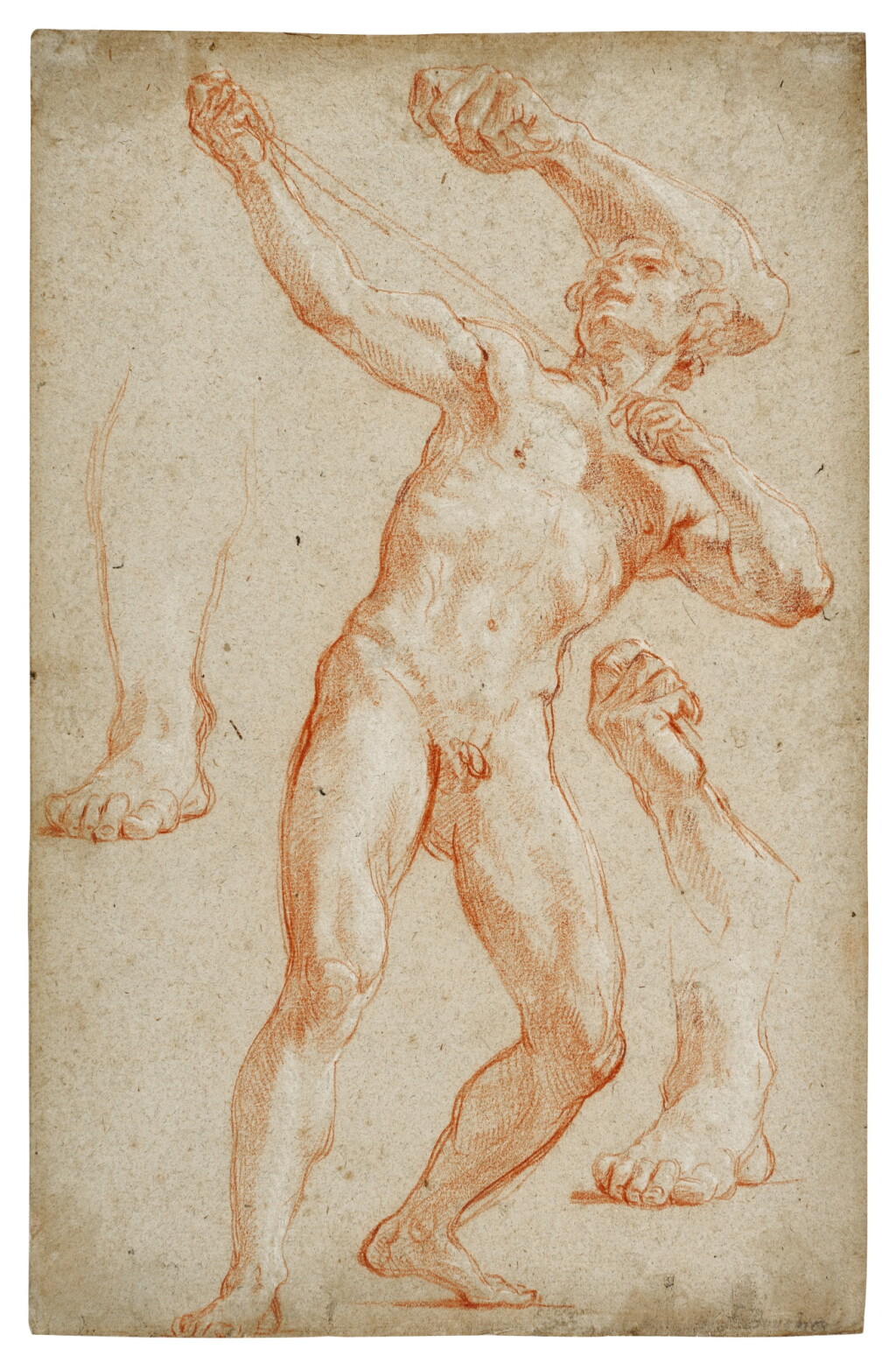 View full screen - View 1 of Lot 160. Sheet of studies: a standing male nude pulling a rope with separate studies of his arms, right leg and foot.