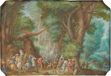 View full screen - View 1 of Lot 50. Ambush in a forest with a stag hunt | Hinterhalt im Wald, mit einer Hirschjagd.