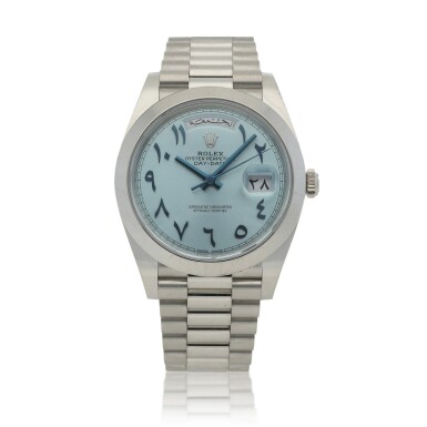 View full screen - View 1 of Lot 18. Day-Date, Ref. 228206 Platinum wristwatch with bracelet and eastern-Arabic day, date and indexes Circa 2018 | 勞力士 | 228206型號「Day-Date」鉑金鍊帶腕錶備東阿拉伯語星期、日期顯示及時標,年份約2018.