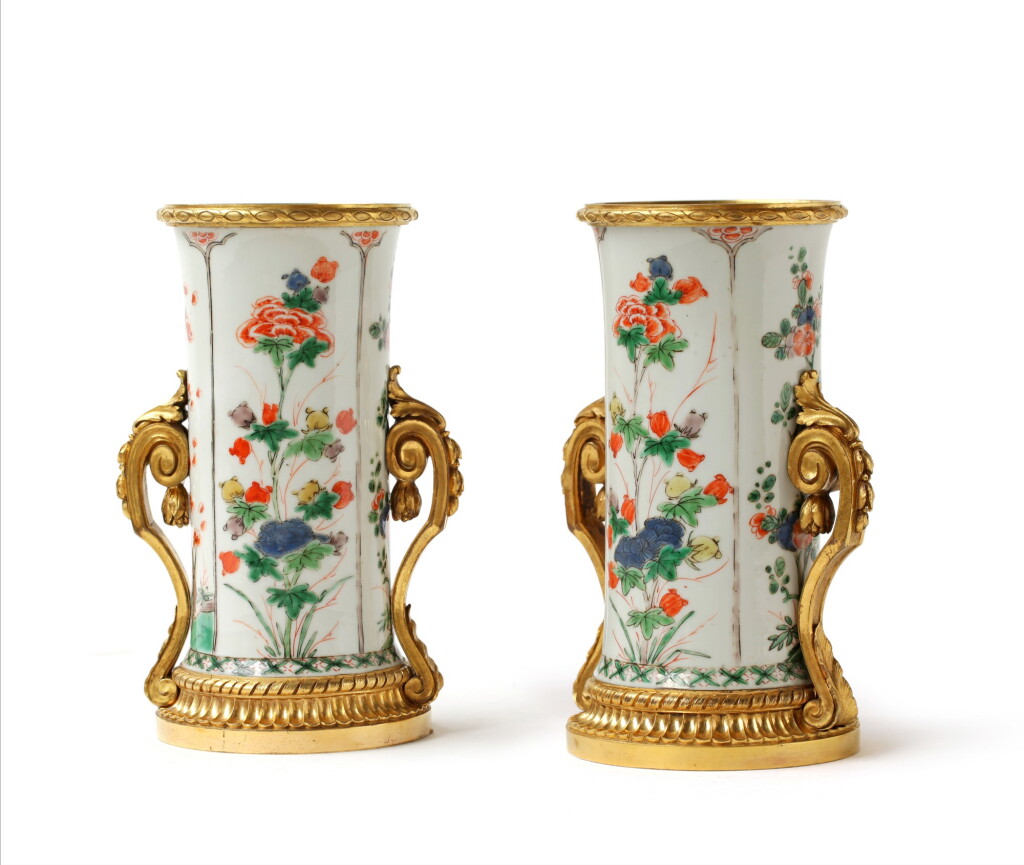 View full screen - View 1 of Lot 28. A PAIR OF LOUIS XV GILT-BRONZE MOUNTED CHINESE KANGXI PORCELAIN VASES, CIRCA 1765 | PAIRE DE VASES EN PORCELAINE DE CHINE D’ÉPOQUE KANGXI (1661-1722) À MONTURE DE BRONZE DORÉ D'ÉPOQUE LOUIS XV, VERS 1765.