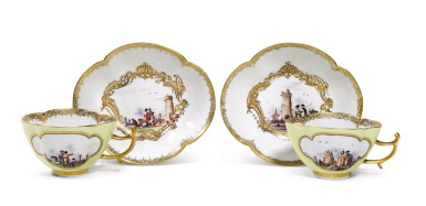 View full screen - View 1 of Lot 55. A pair of Meissen yellow-ground quatrefoil cups and saucers, Circa 1740.