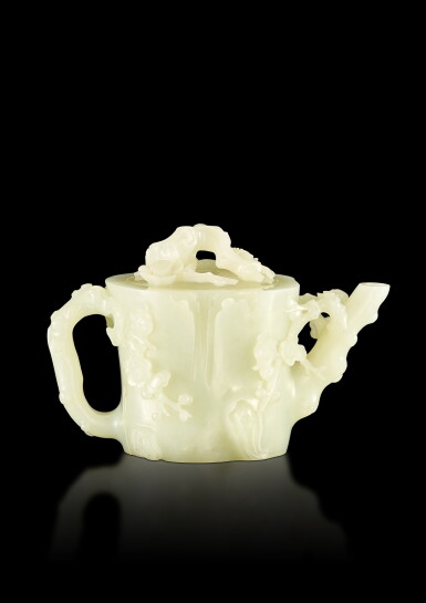 View full screen - View 1 of Lot 3648. A superb imperial white jade 'prunus' teapot and cover, Qing dynasty, Yongzheng period | 清雍正 御製白玉雕梅花紋蓋壺.