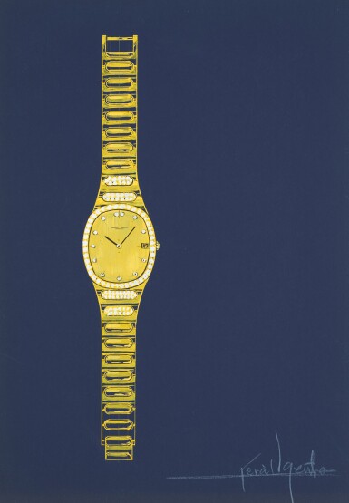 View full screen - View 1 of Lot 3. An original prototype design for Patek Philippe, painted by Gérald Genta, with accompanying NFT, Circa 1978 | 傑洛・尊達 一幅為百達翡麗製作的原型設計圖,由傑洛・尊達繪製並附帶 NFT 証書,約1978年製.