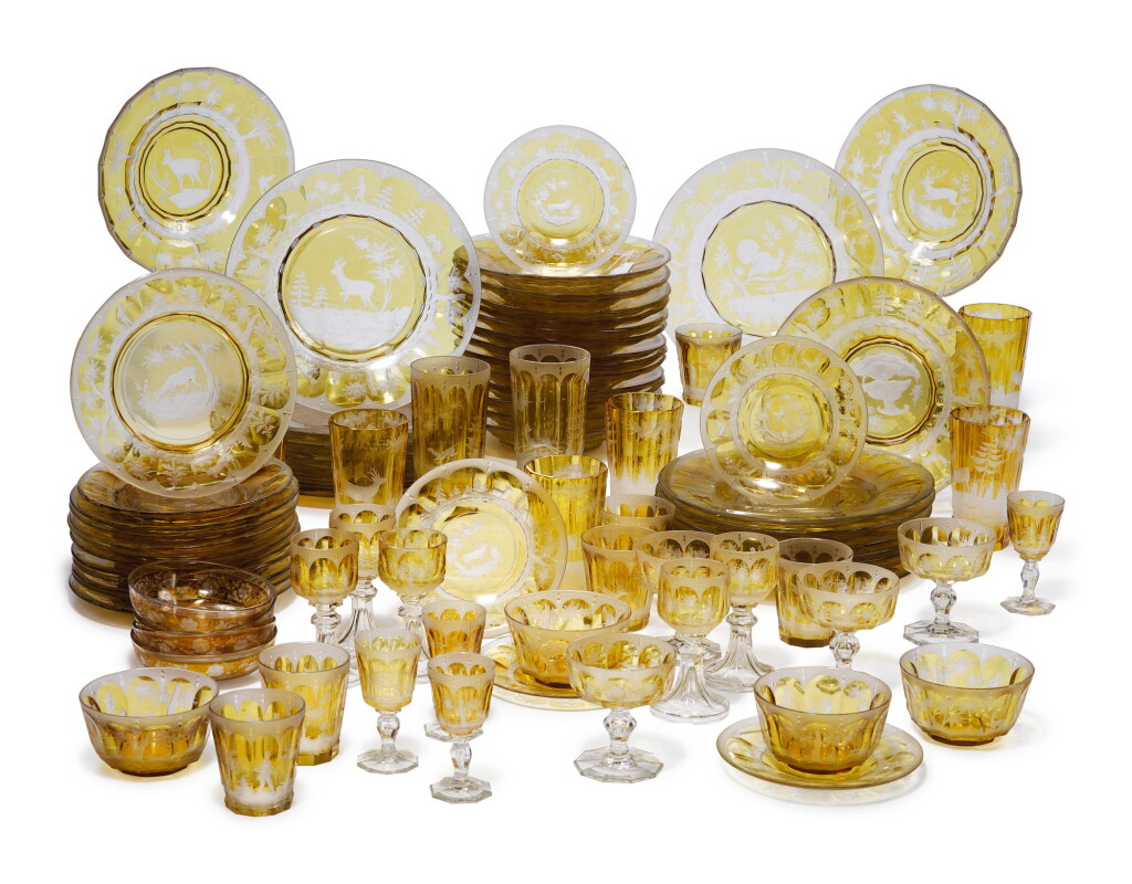 View full screen - View 1 of Lot 326. AN EXTENSIVE BOHEMIAN AMBER-TINTED ENGRAVED GLASS HUNTING SERVICE, CIRCA 1870.