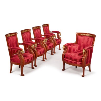 View full screen - View 1 of Lot 14. A SUITE OF EMPIRE STYLE GILT BRONZE-MOUNTED MAHOGANY SEAT FURNITURE, 20TH CENTURY.