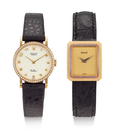 View full screen - View 1 of Lot 8185. ROLEX & PIAGET | CELLINE; PROTOCOLE, REFERENCE 5113; 4154 A SET OF TWO YELLOW GOLD WRISTWATCHES, CIRCA 1970.