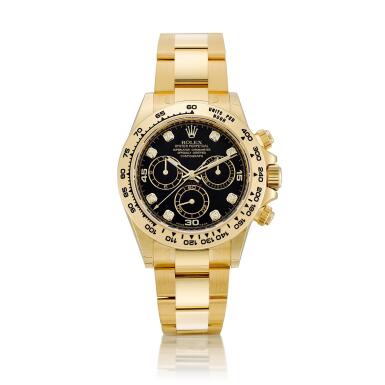 View full screen - View 1 of Lot 2205. Cosmograph Daytona, Reference 116508 | A brand new yellow gold and diamond-set chronograph wristwatch with bracelet, Circa 2019 | 勞力士 | Cosmograph Daytona 型號116508 | 全新黃金鑲鑽石計時鏈帶腕錶,約2012年製.
