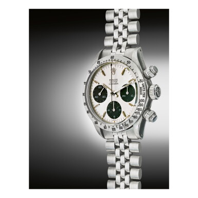 View full screen - View 1 of Lot 812. ROLEX | REF 6265/6262 DAYTONA, A STAINLESS STEEL CHRONOGRAPH WRISTWATCH WITH BRACELET, CIRCA 1971 | 勞力士 | 6265/6262型號「DAYTONA」精鋼計時鍊帶腕錶,年份約1971.